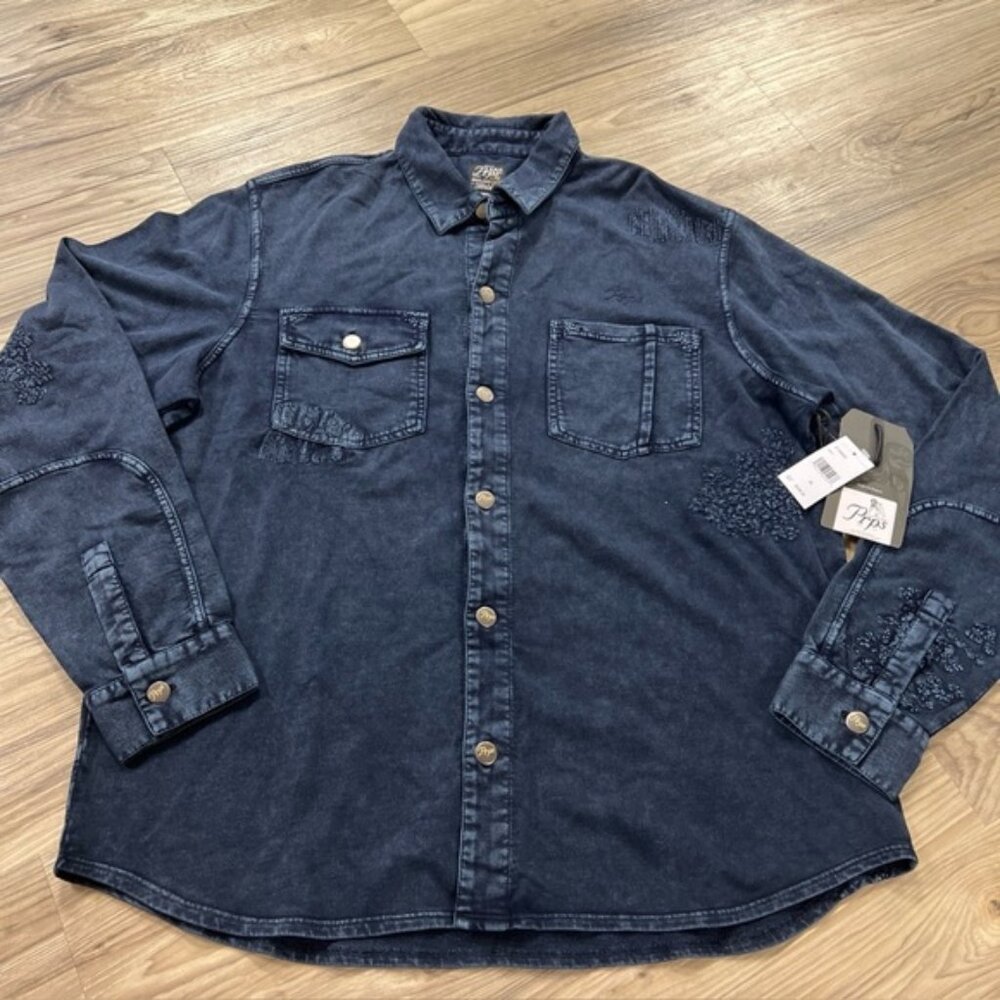 PRPS Completion Distressed Denim Button Down Shirt Navy Blue Mens XL NWT $228